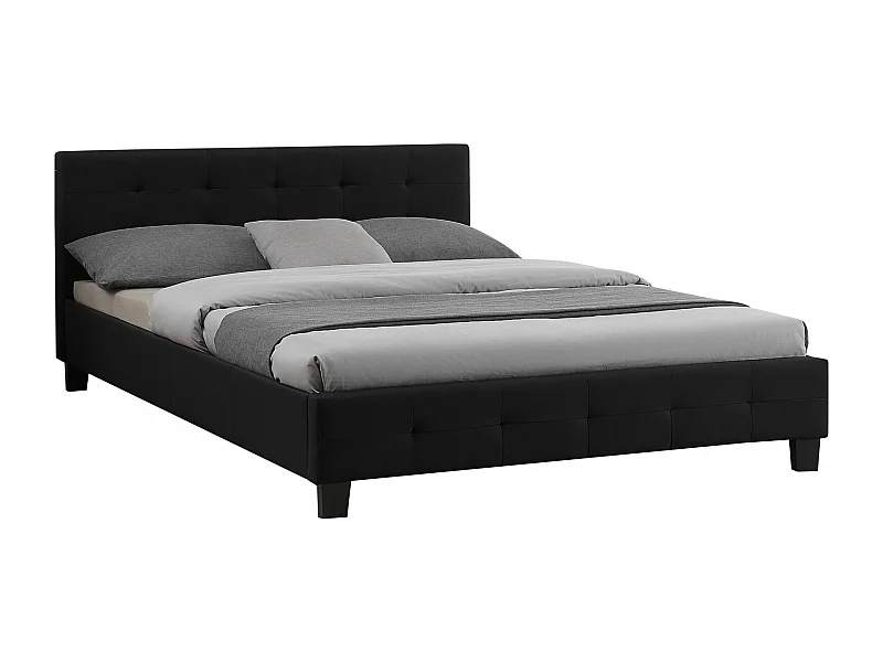 Lit double pour adulte MATHIEU avec sommier 140x190 cm 2 places / 2 personnes, tête et pied de lit capitonnés, en tissu noir