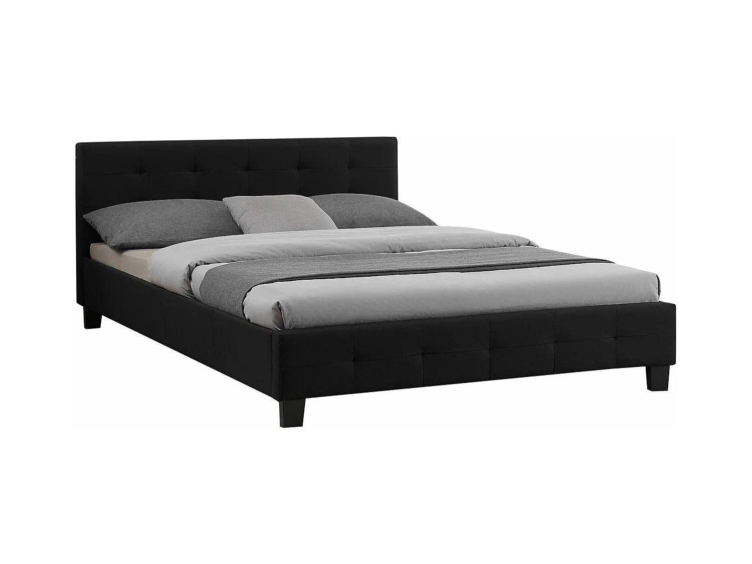 Lit double pour adulte MATHIEU avec sommier 140x190 cm 2 places / 2 personnes, tête et pied de lit capitonnés, en tissu noir