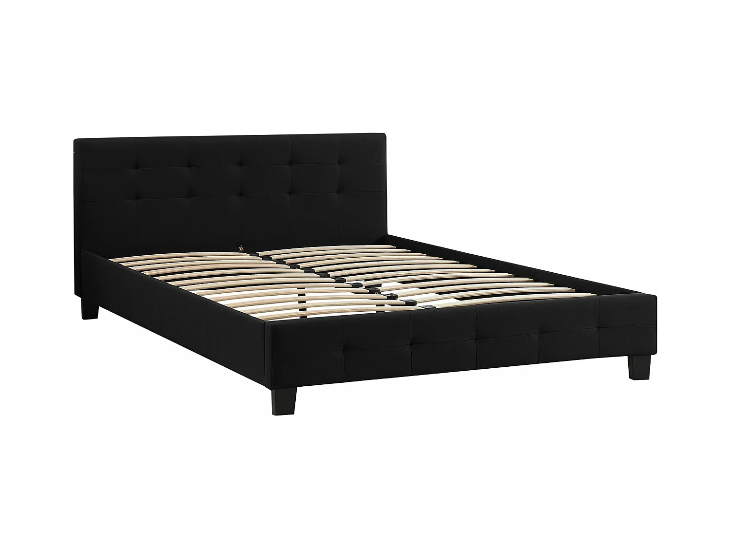 Lit double pour adulte MATHIEU avec sommier 140x190 cm 2 places / 2 personnes, tête et pied de lit capitonnés, en tissu noir