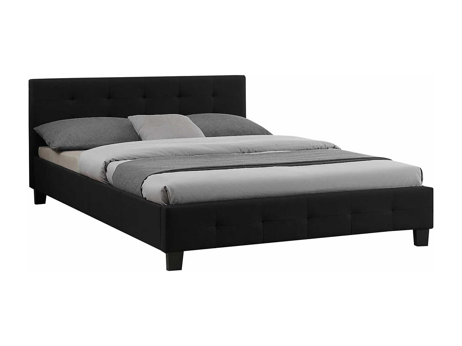 Lit double pour adulte MATHIEU avec sommier 140x190 cm 2 places / 2 personnes, tête et pied de lit capitonnés, en tissu noir
