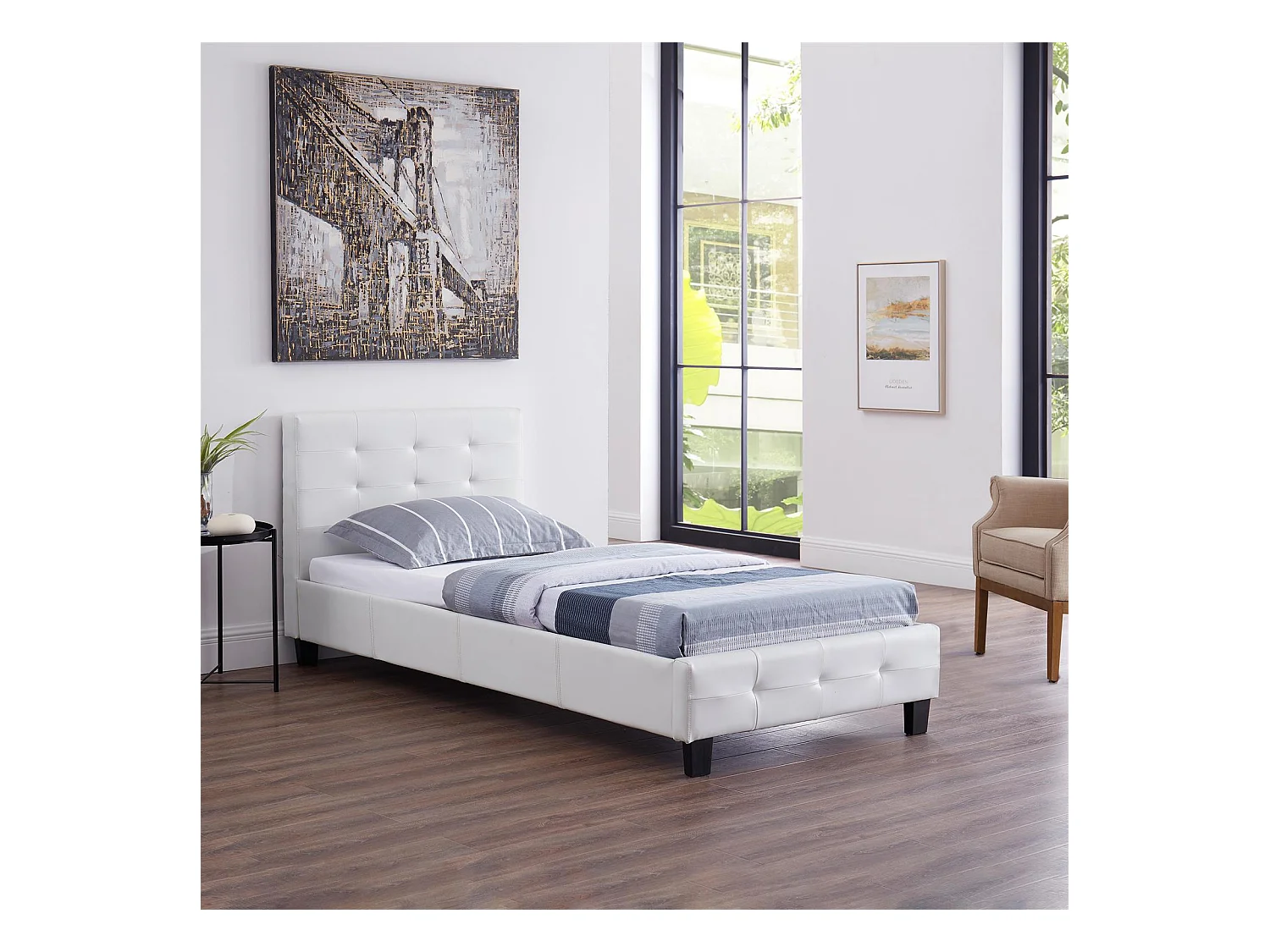 Lit simple pour adulte ou enfant REVE avec sommier 90x190 cm 1 place/1 personne, tête et pied de lit capitonnés en synthétique blanc