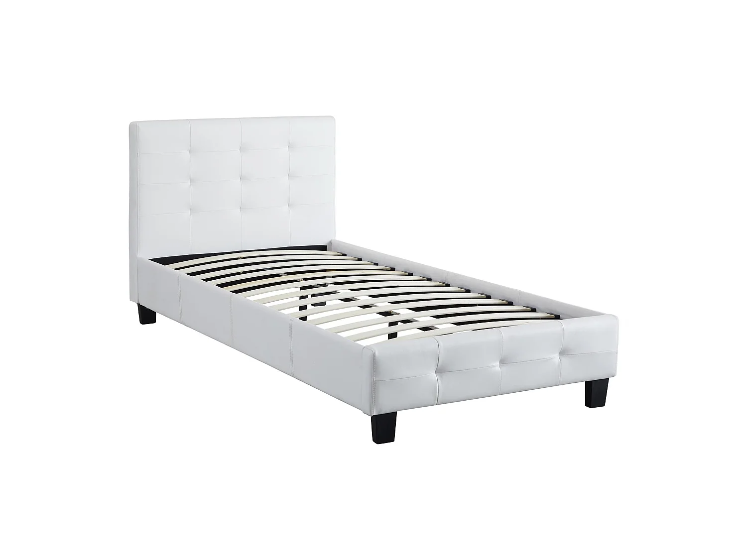 Lit simple pour adulte ou enfant REVE avec sommier 90x190 cm 1 place/1 personne, tête et pied de lit capitonnés en synthétique blanc