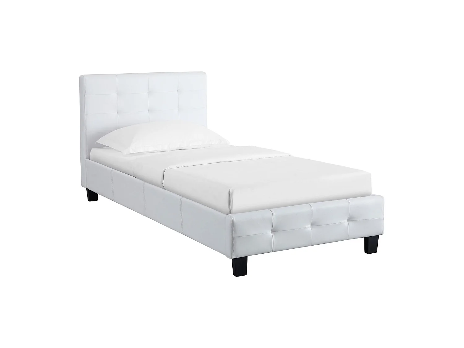 Lit simple pour adulte ou enfant REVE avec sommier 90x190 cm 1 place/1 personne, tête et pied de lit capitonnés en synthétique blanc