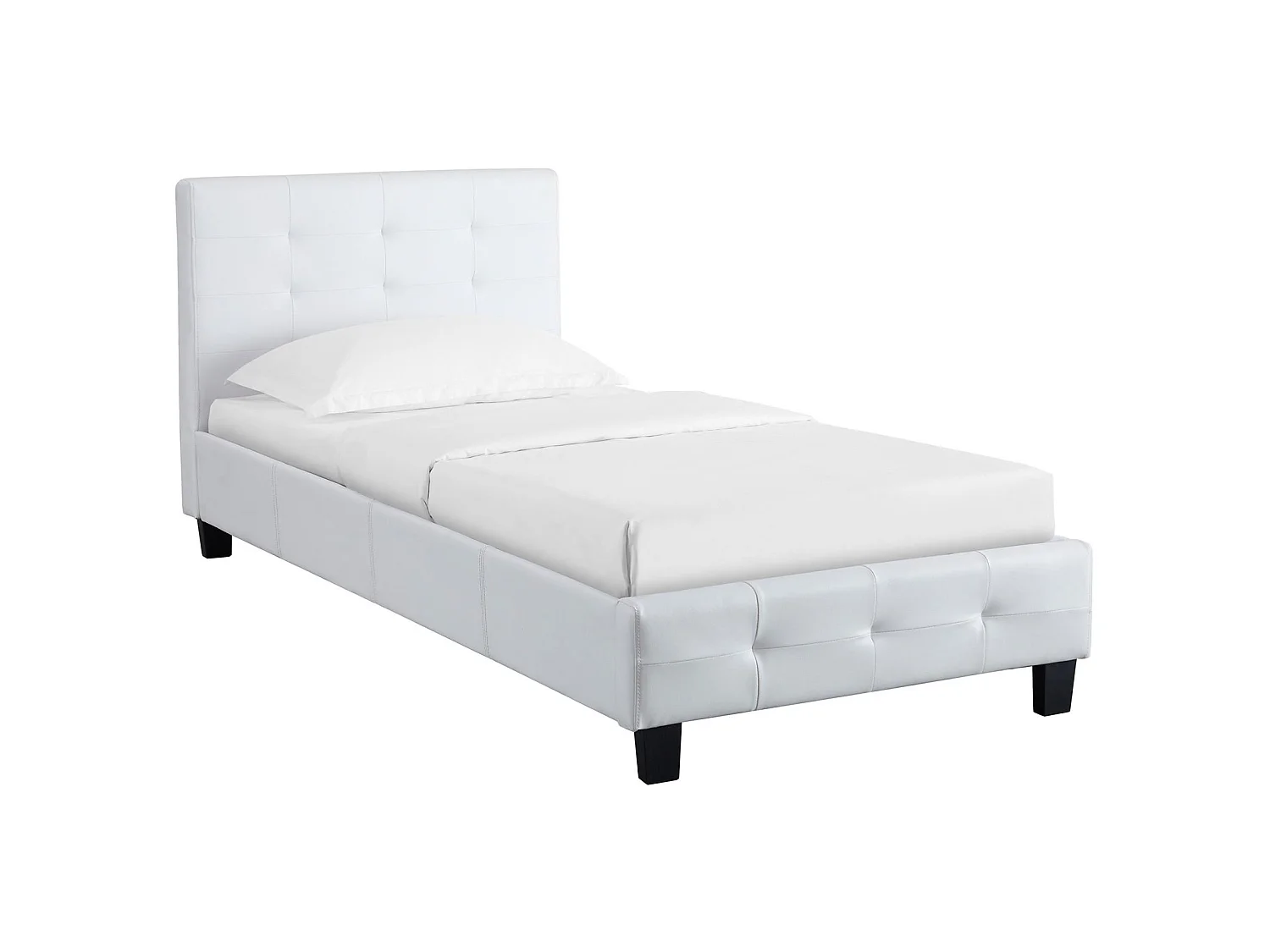 Lit simple pour adulte ou enfant REVE avec sommier 90x190 cm 1 place/1 personne, tête et pied de lit capitonnés en synthétique blanc