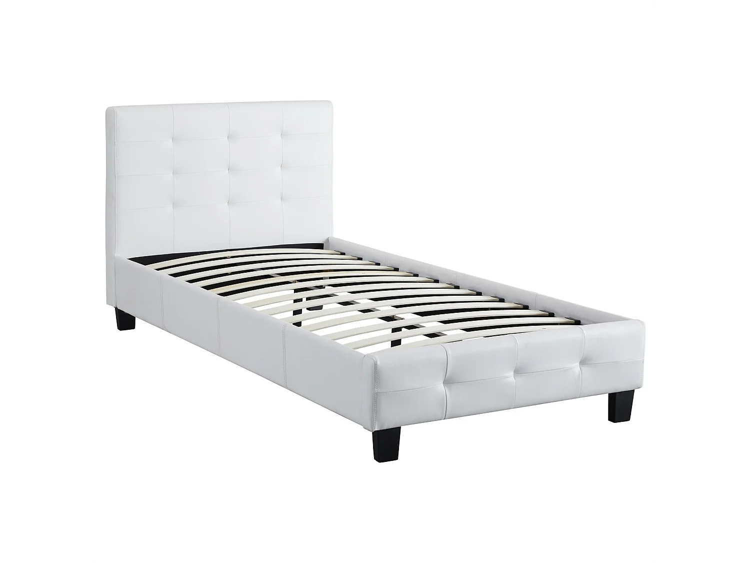 Lit simple pour adulte ou enfant REVE avec sommier 90x190 cm 1 place/1 personne, tête et pied de lit capitonnés en synthétique blanc
