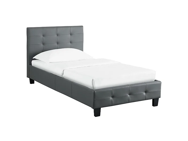 Lit simple pour adulte ou enfant REVE avec sommier 90x190 cm 1 place/1 personne, tête et pied de lit capitonnés, en synthétique gris