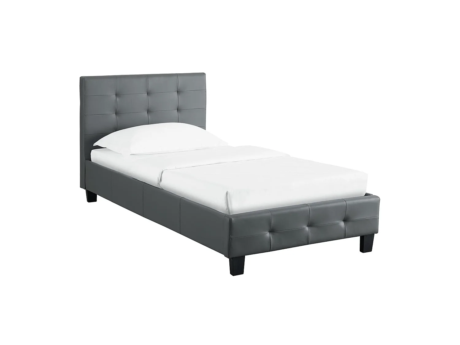 Lit simple pour adulte ou enfant REVE avec sommier 90x190 cm 1 place/1 personne, tête et pied de lit capitonnés, en synthétique gris