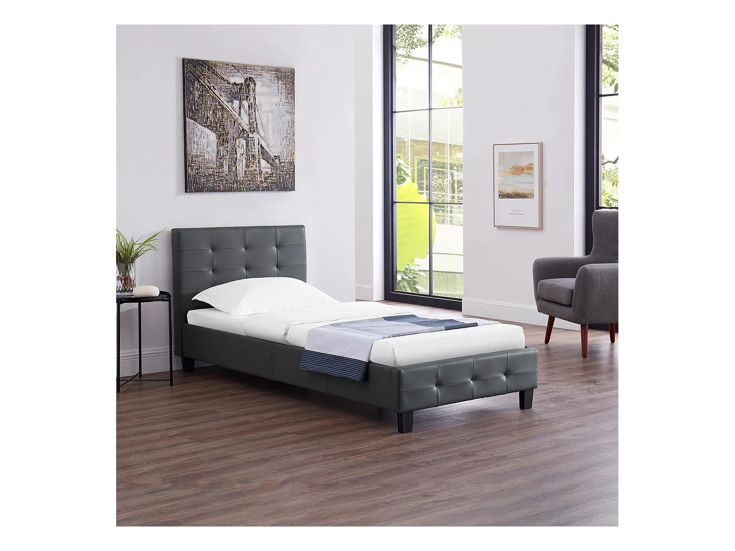 Lit simple pour adulte ou enfant REVE avec sommier 90x190 cm 1 place/1 personne, tête et pied de lit capitonnés, en synthétique gris