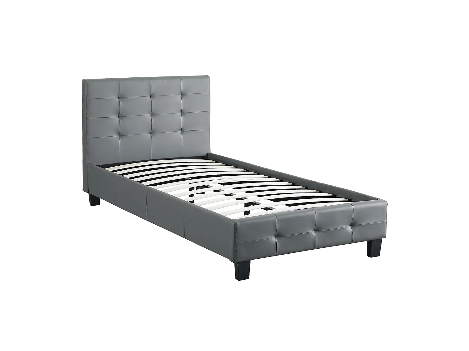 Lit simple pour adulte ou enfant REVE avec sommier 90x190 cm 1 place/1 personne, tête et pied de lit capitonnés, en synthétique gris