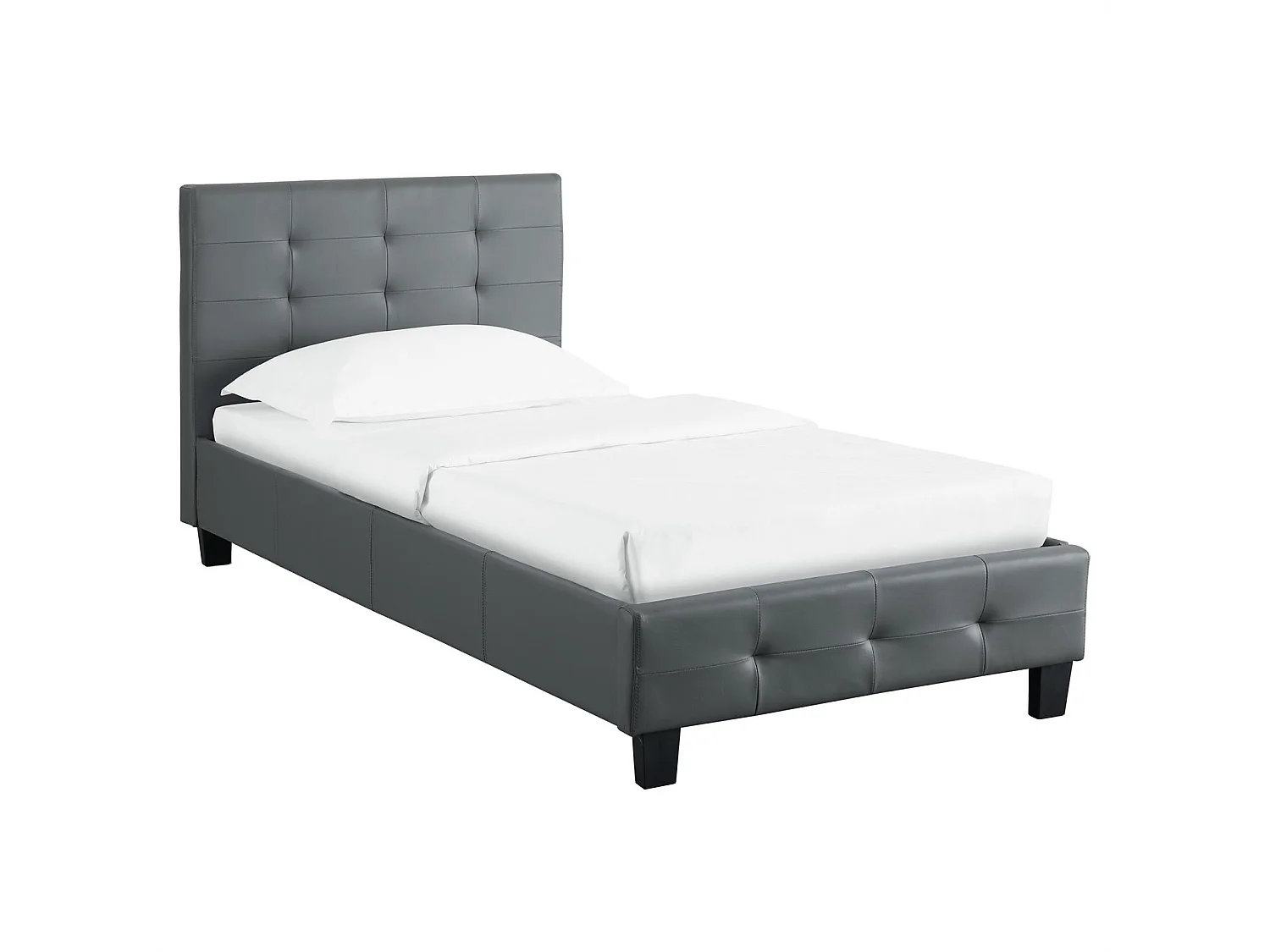 Lit simple pour adulte ou enfant REVE avec sommier 90x190 cm 1 place/1 personne, tête et pied de lit capitonnés, en synthétique gris