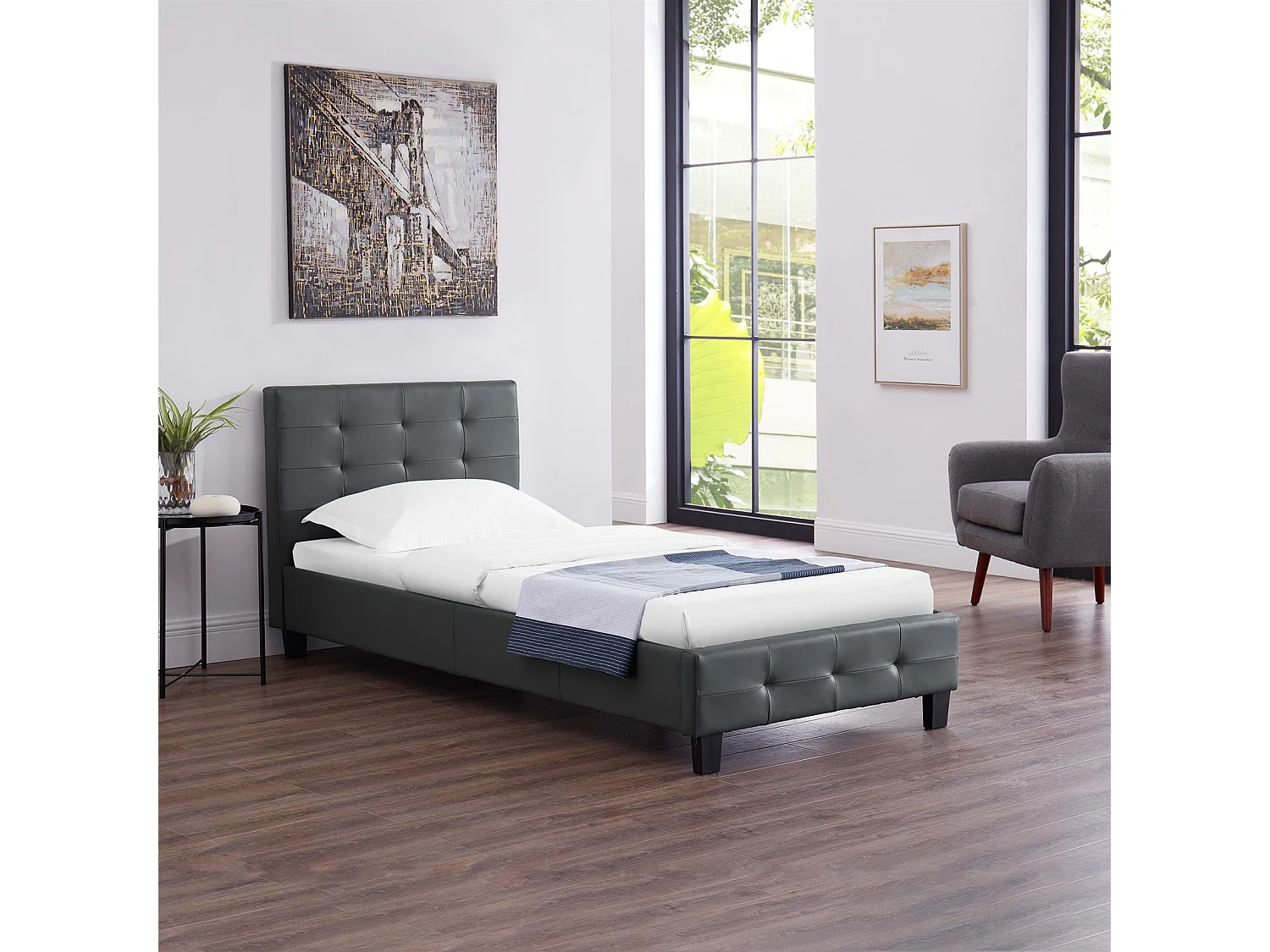 Lit simple pour adulte ou enfant REVE avec sommier 90x190 cm 1 place/1 personne, tête et pied de lit capitonnés, en synthétique gris