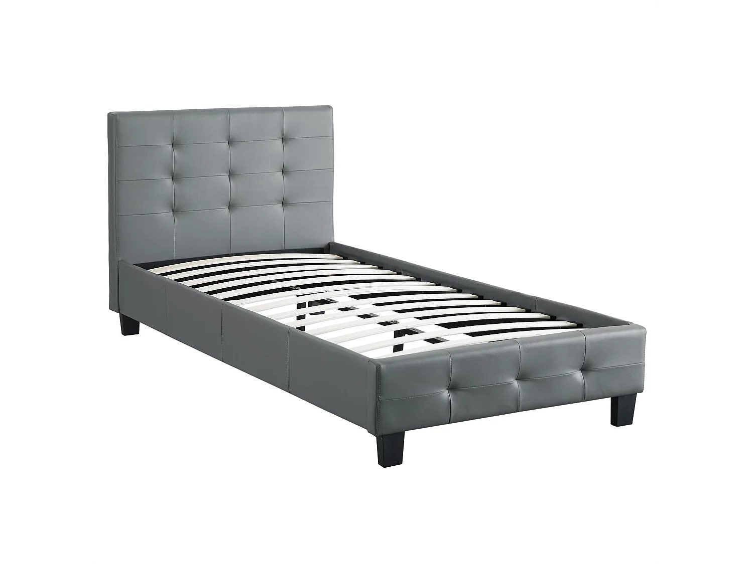 Lit simple pour adulte ou enfant REVE avec sommier 90x190 cm 1 place/1 personne, tête et pied de lit capitonnés, en synthétique gris