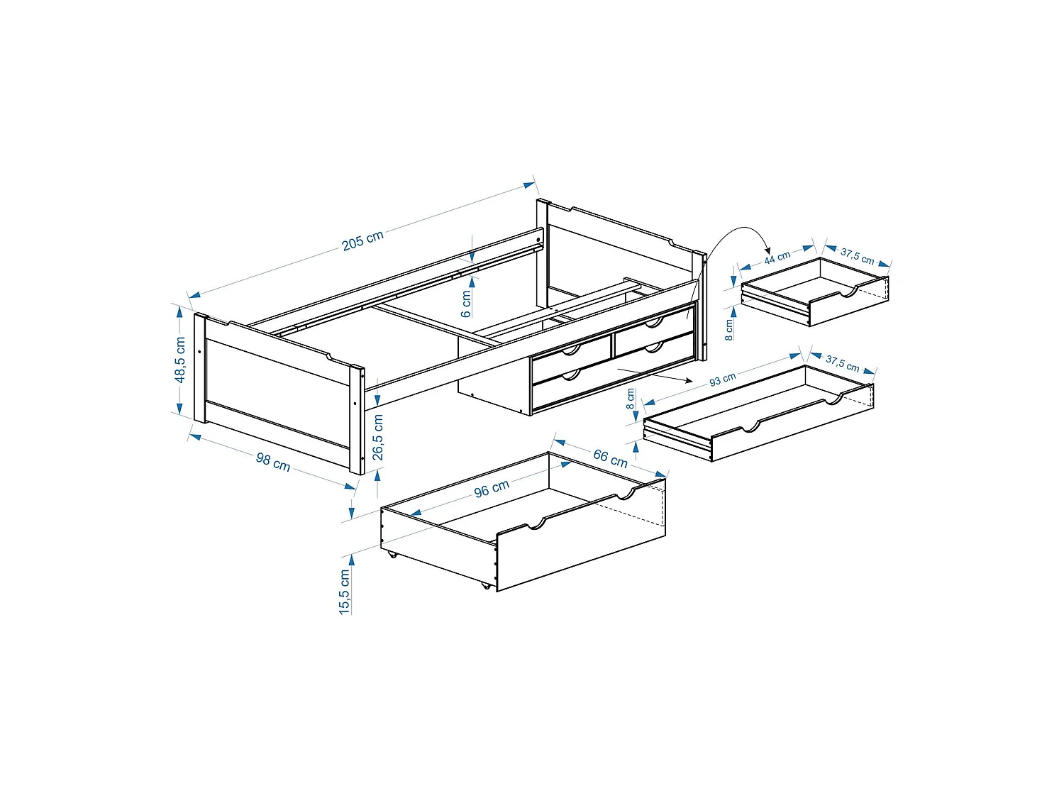 Lit fonctionnel ANDREA en pin massif lasuré blanc 90 x 200 cm, lit pour enfant avec rangement