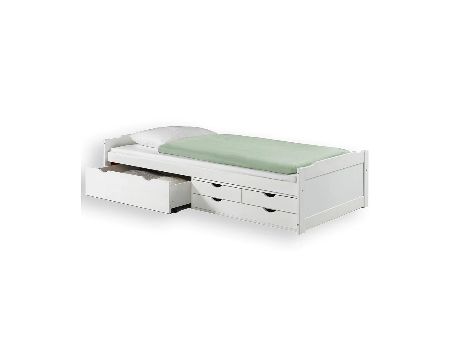 Lit fonctionnel ANDREA en pin massif lasuré blanc 90 x 200 cm, lit pour enfant avec rangement