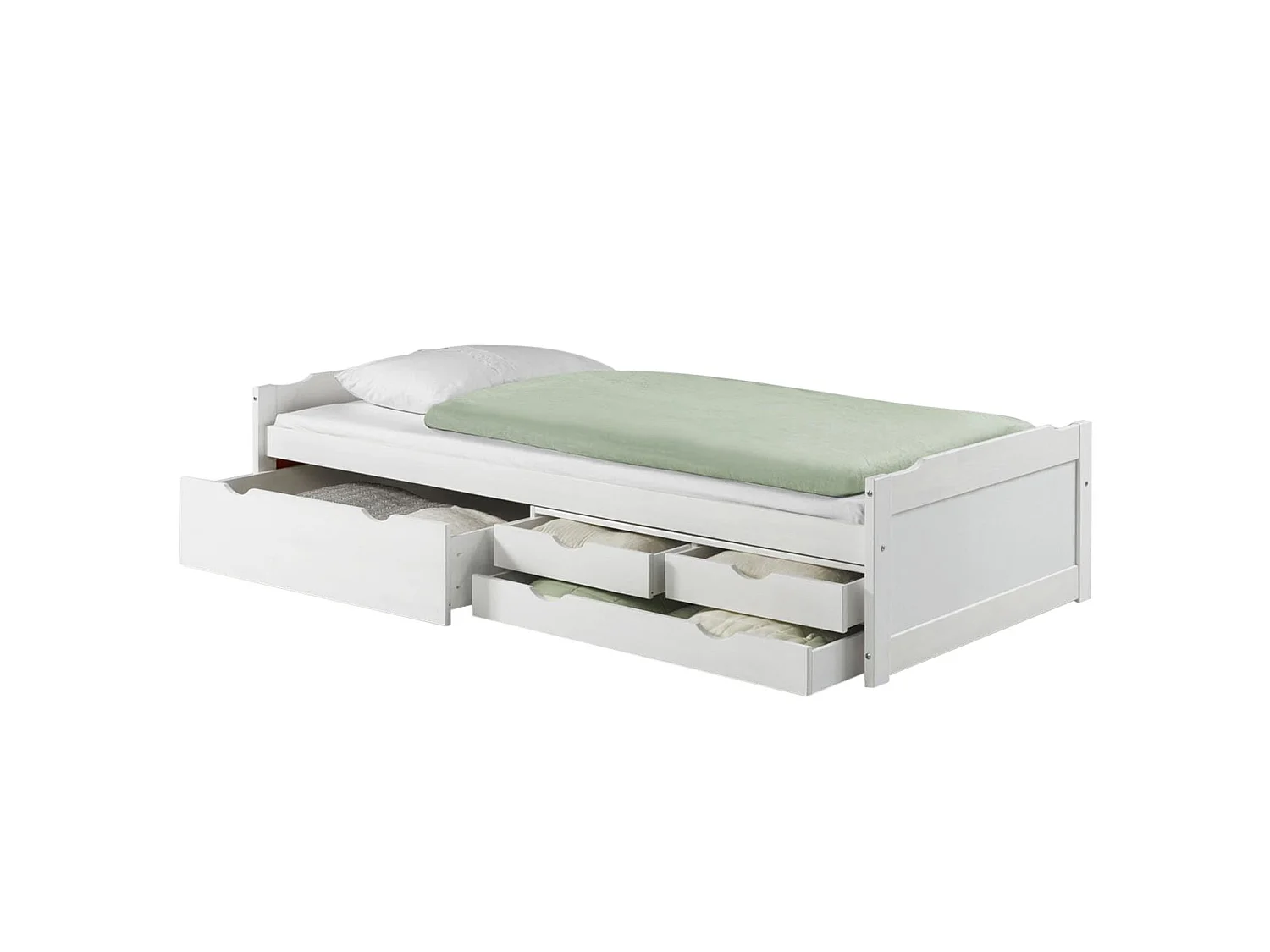 Lit fonctionnel ANDREA en pin massif lasuré blanc 90 x 200 cm, lit pour enfant avec rangement