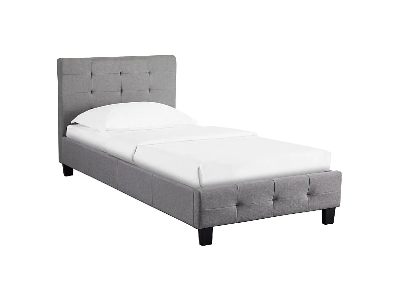 Lit simple pour adulte ou enfant REVE avec sommier 90x190 cm 1 place/1 personne, tête et pied de lit capitonnés, en tissu gris