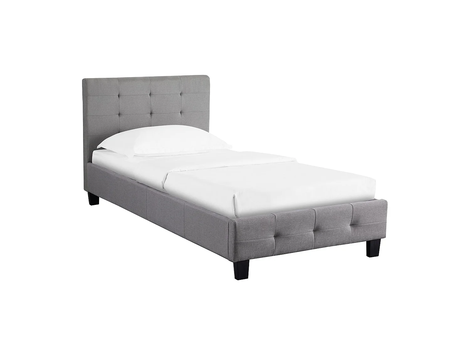 Lit simple pour adulte ou enfant REVE avec sommier 90x190 cm 1 place/1 personne, tête et pied de lit capitonnés, en tissu gris