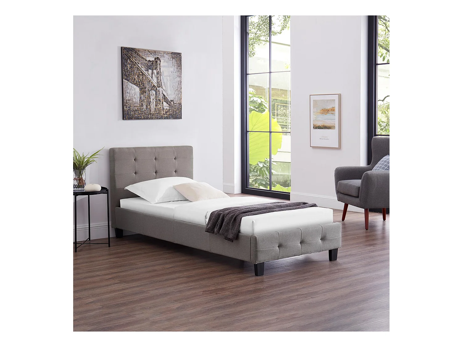 Lit simple pour adulte ou enfant REVE avec sommier 90x190 cm 1 place/1 personne, tête et pied de lit capitonnés, en tissu gris