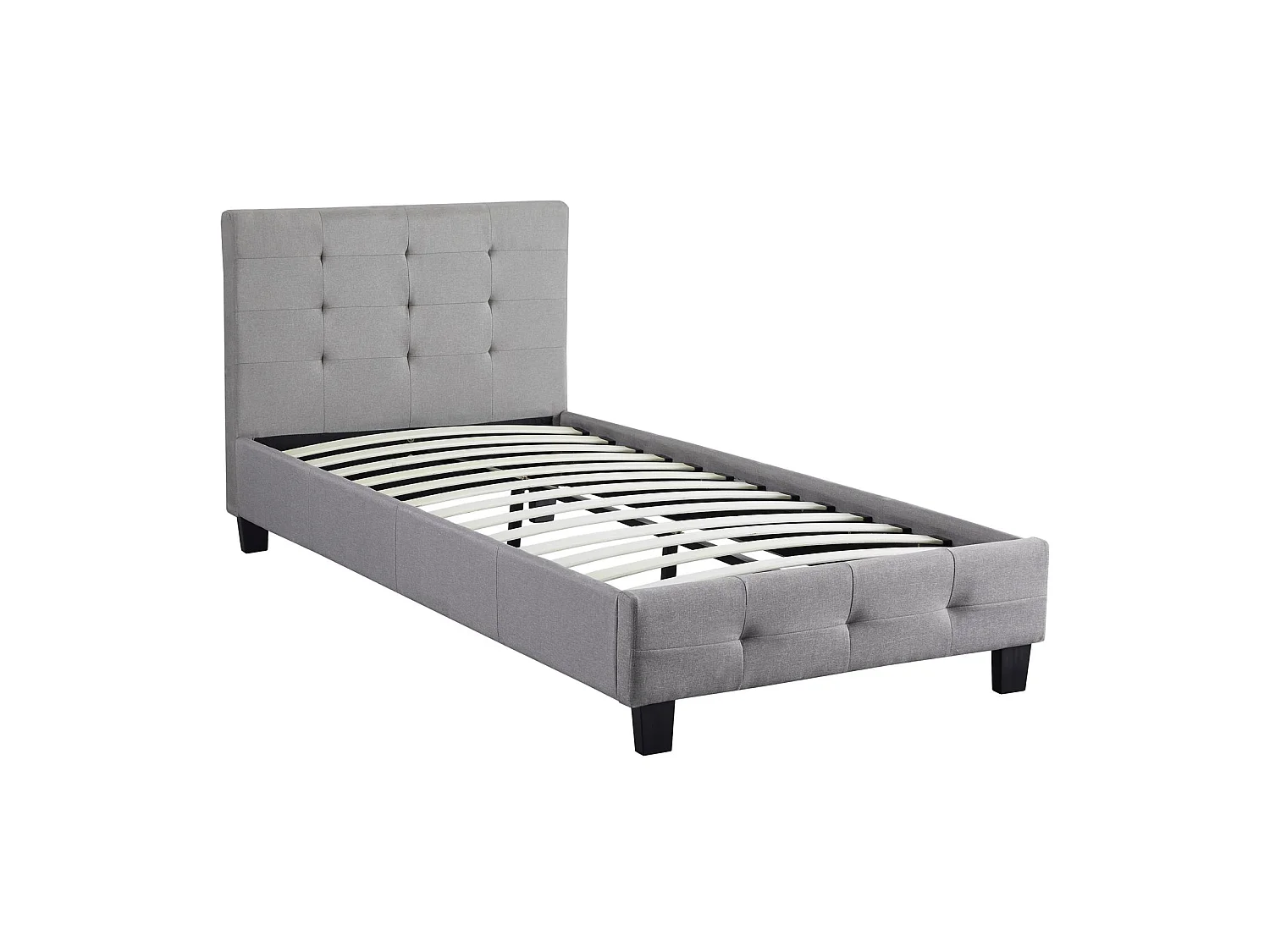 Lit simple pour adulte ou enfant REVE avec sommier 90x190 cm 1 place/1 personne, tête et pied de lit capitonnés, en tissu gris