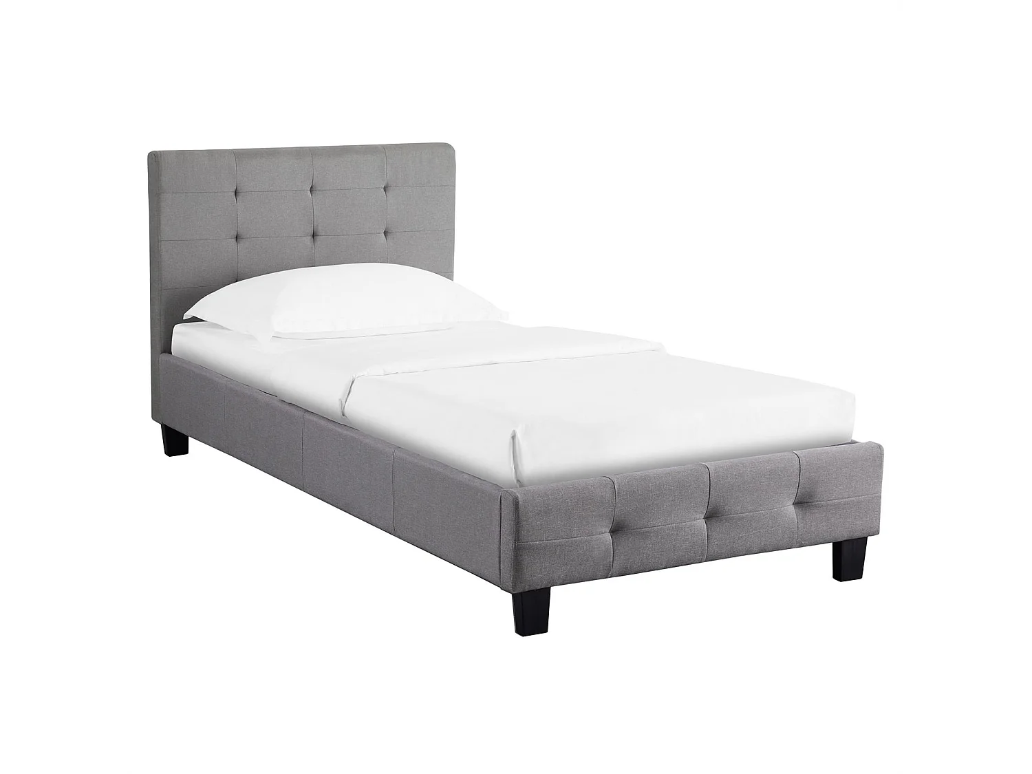 Lit simple pour adulte ou enfant REVE avec sommier 90x190 cm 1 place/1 personne, tête et pied de lit capitonnés, en tissu gris