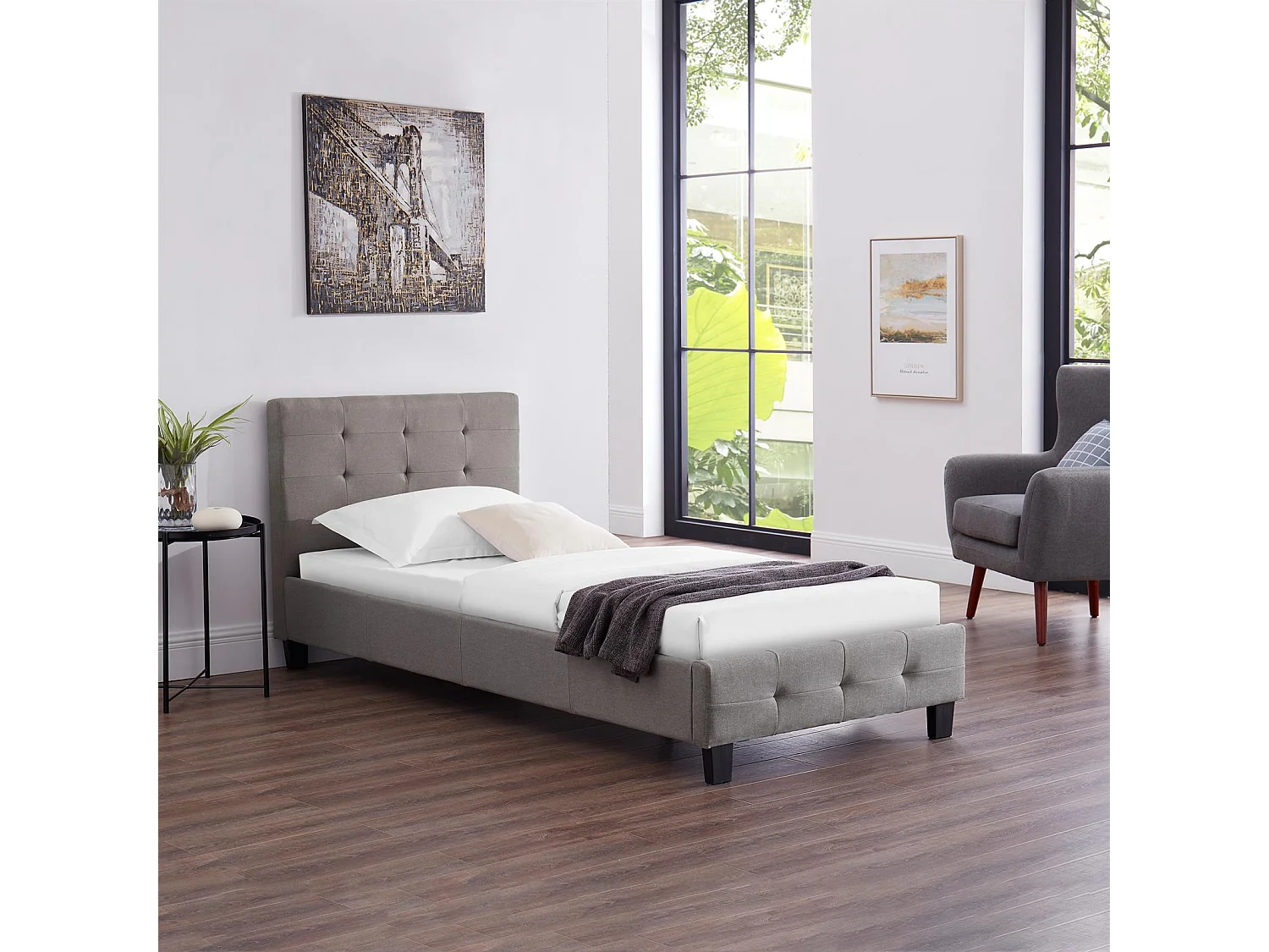 Lit simple pour adulte ou enfant REVE avec sommier 90x190 cm 1 place/1 personne, tête et pied de lit capitonnés, en tissu gris