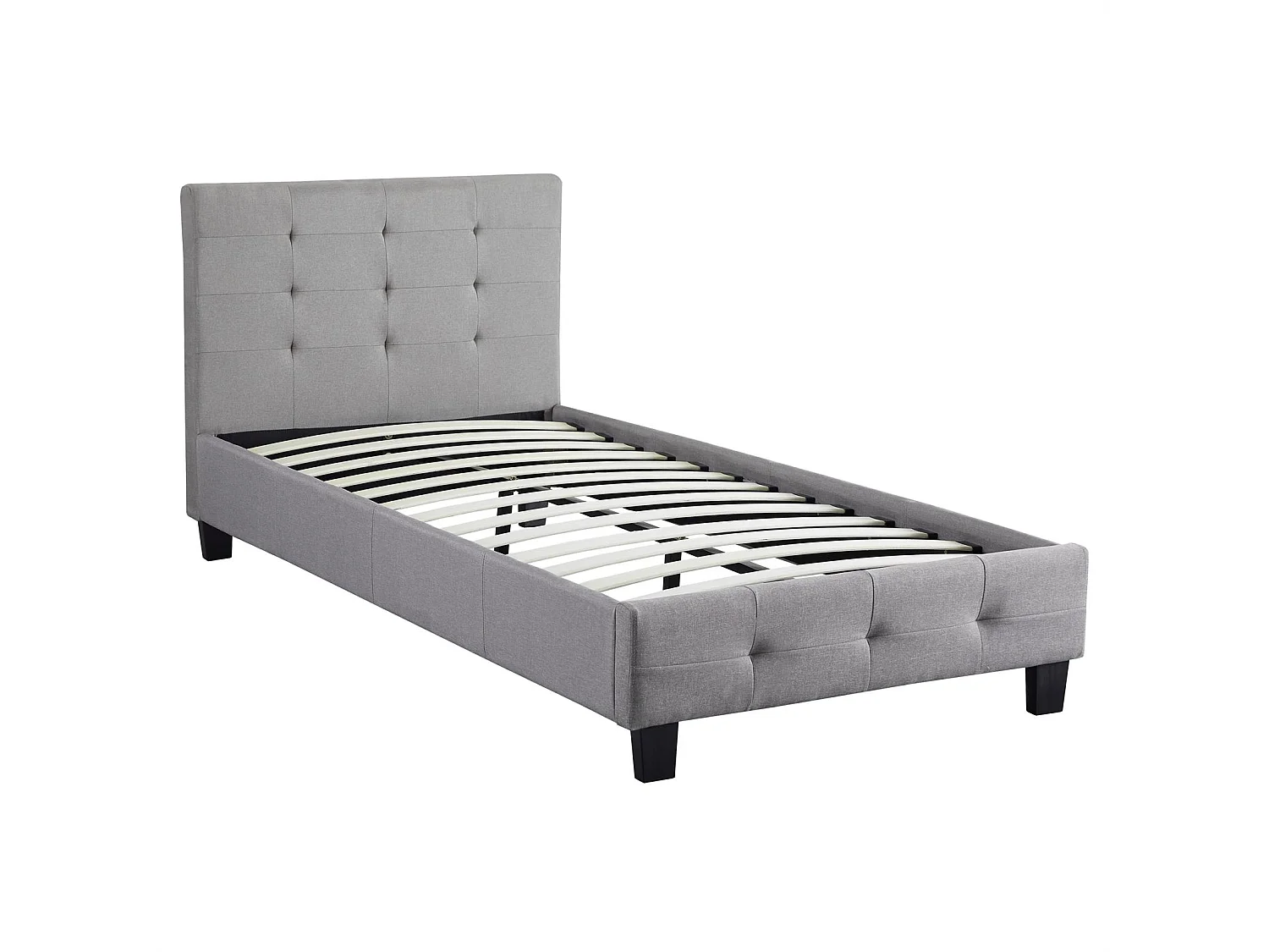 Lit simple pour adulte ou enfant REVE avec sommier 90x190 cm 1 place/1 personne, tête et pied de lit capitonnés, en tissu gris