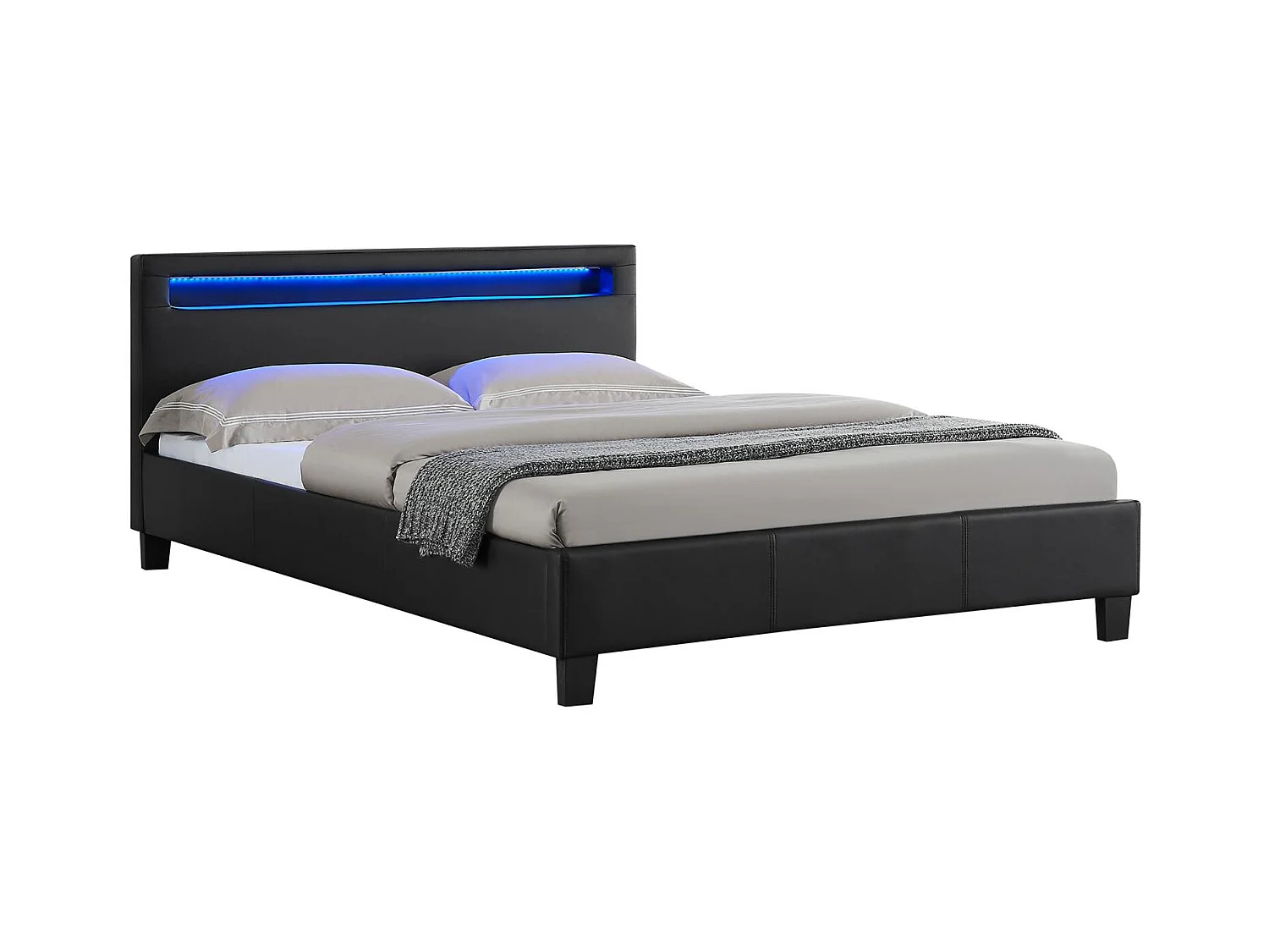 Lit LED double 140x190 cm avec sommier, tête de lit confortable, lit 1 place revêtement en tissu noir, RIOJA