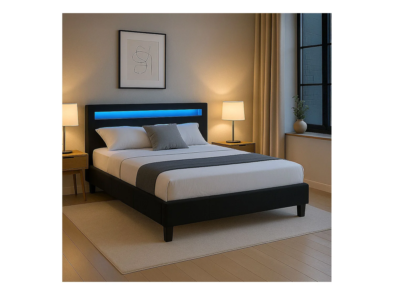 Lit LED double 140x190 cm avec sommier, tête de lit confortable, lit 1 place revêtement en tissu noir, RIOJA