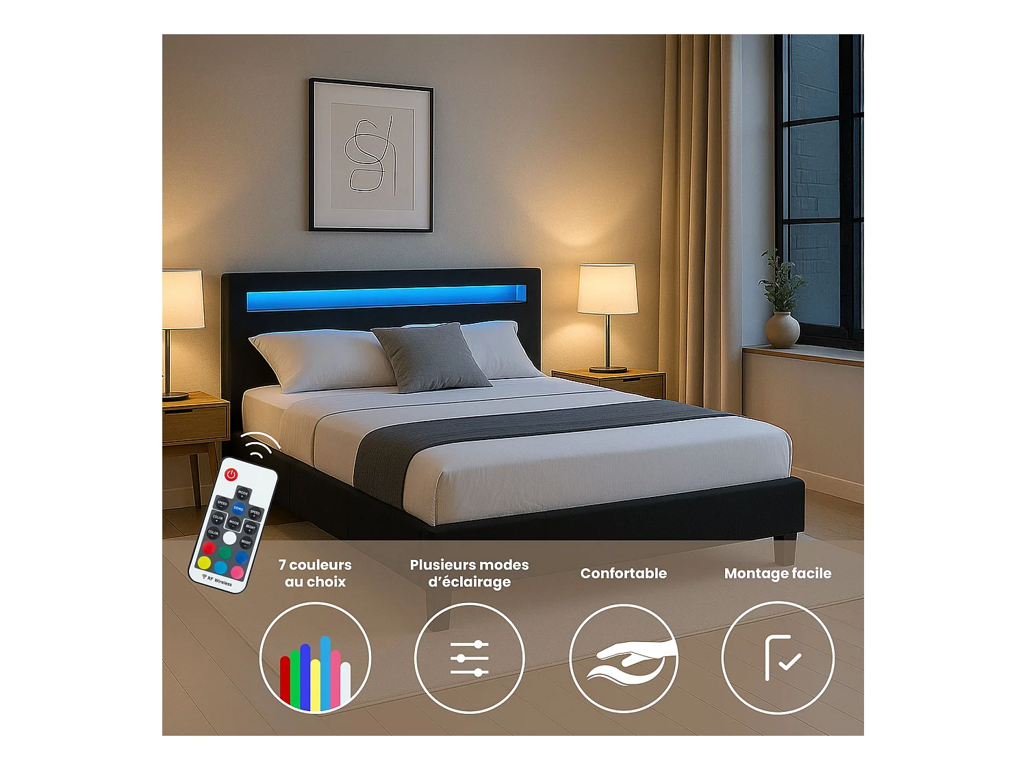 Lit LED double 140x190 cm avec sommier, tête de lit confortable, lit 1 place revêtement en tissu noir, RIOJA