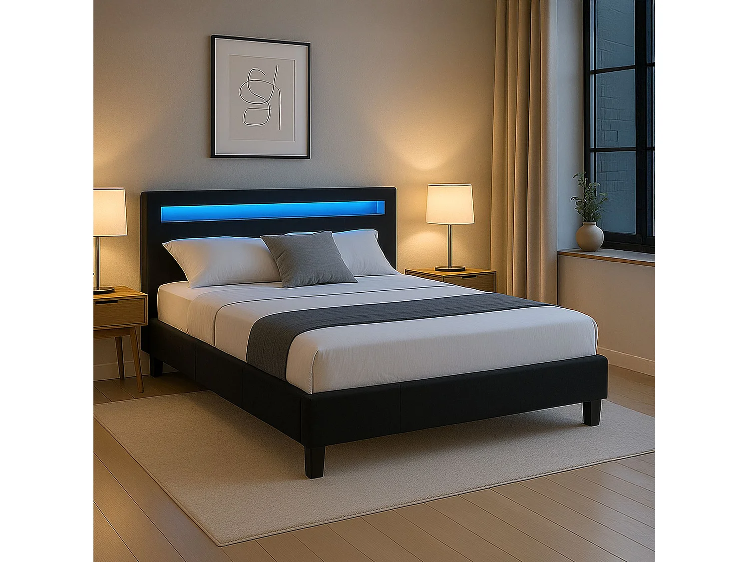 Lit LED double 140x190 cm avec sommier, tête de lit confortable, lit 1 place revêtement en tissu noir, RIOJA