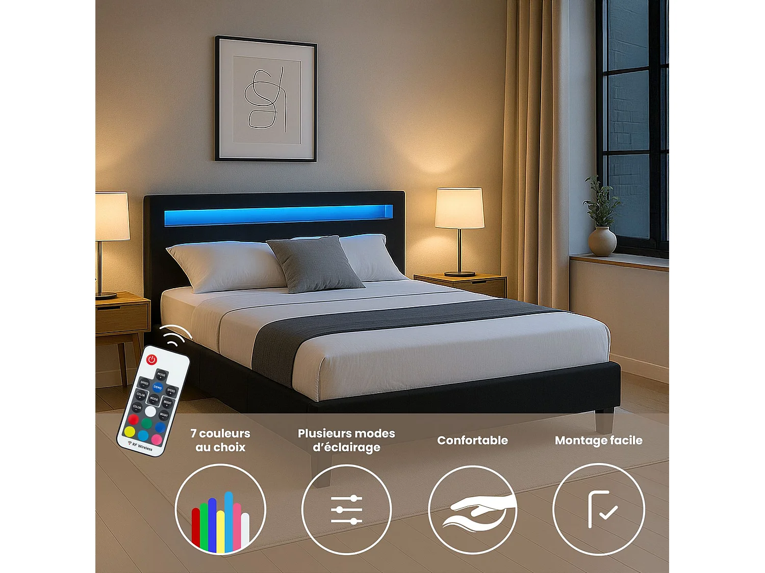 Lit LED double 140x190 cm avec sommier, tête de lit confortable, lit 1 place revêtement en tissu noir, RIOJA