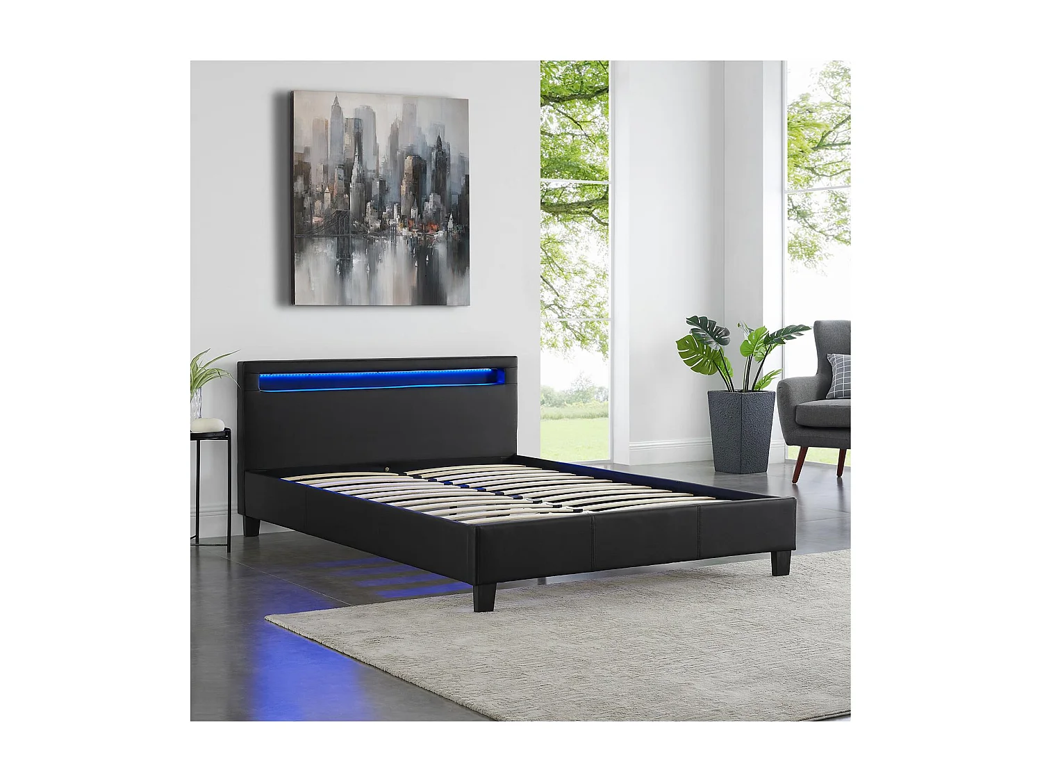 Lit LED double 140x190 cm avec sommier, tête de lit confortable, lit 1 place revêtement en tissu noir, RIOJA