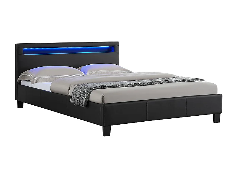 Lit LED double 140x190 cm avec sommier, tête de lit confortable, lit 1 place revêtement en tissu noir, RIOJA
