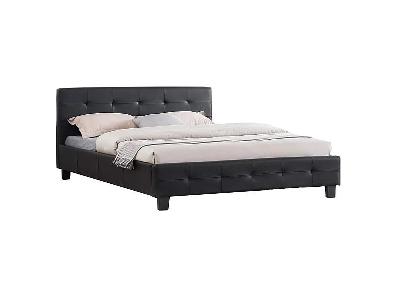 Lit double pour adulte MATHIEU avec sommier 140x190 cm 2 places / 2 personnes, tête et pied de lit capitonnés en synthétique noir