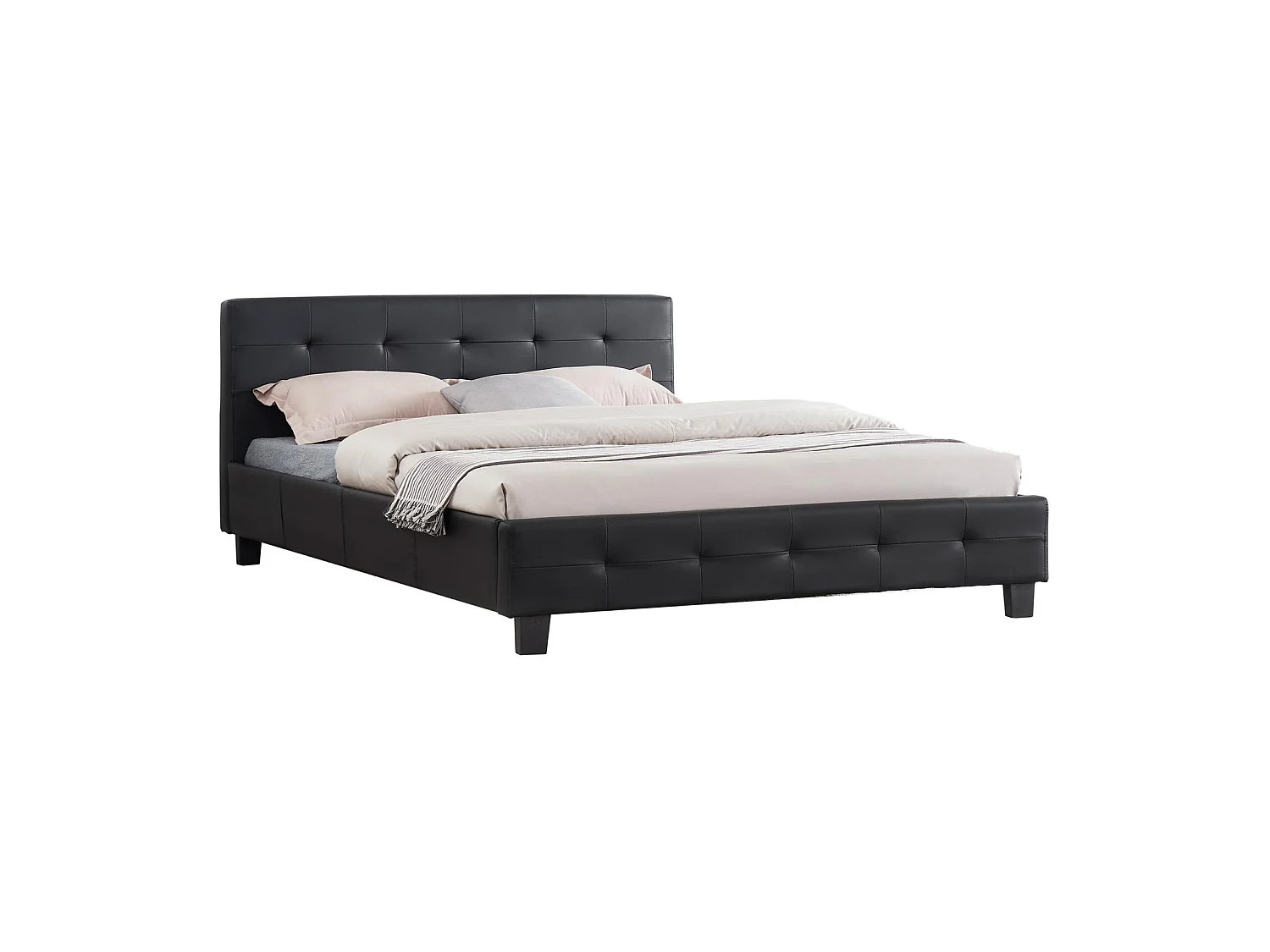 Lit double pour adulte MATHIEU avec sommier 140x190 cm 2 places / 2 personnes, tête et pied de lit capitonnés en synthétique noir