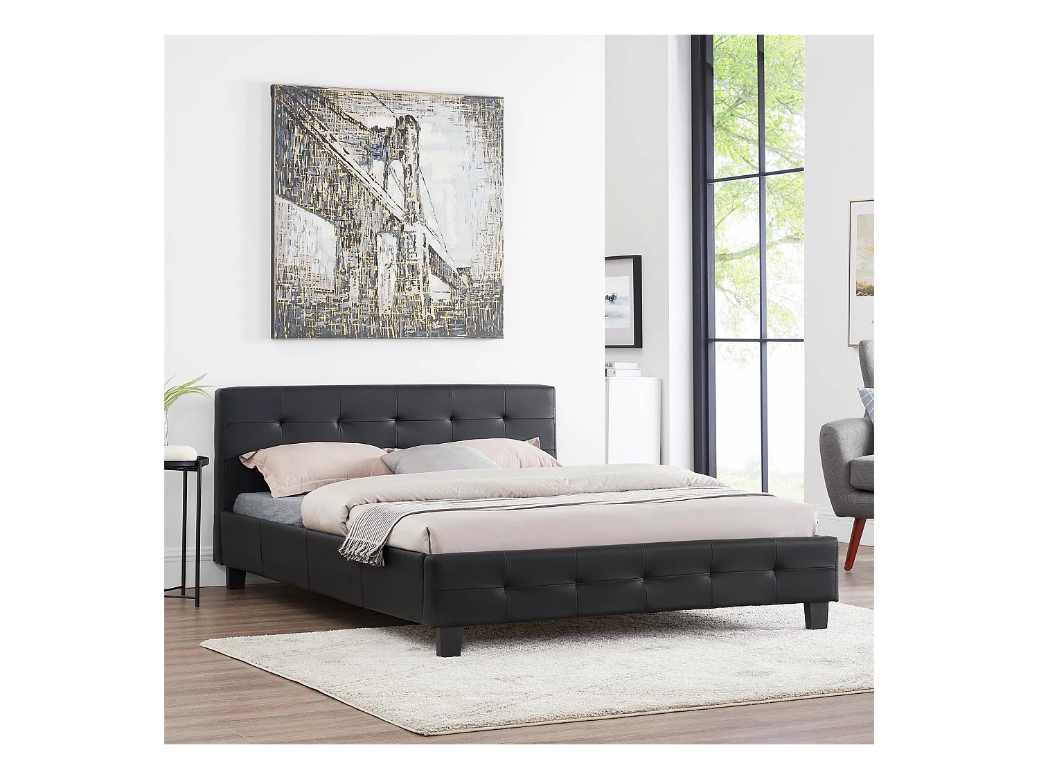 Lit double pour adulte MATHIEU avec sommier 140x190 cm 2 places / 2 personnes, tête et pied de lit capitonnés en synthétique noir