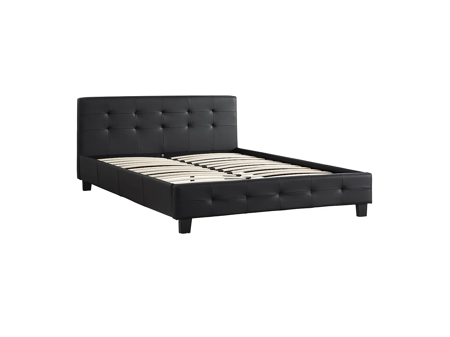 Lit double pour adulte MATHIEU avec sommier 140x190 cm 2 places / 2 personnes, tête et pied de lit capitonnés en synthétique noir