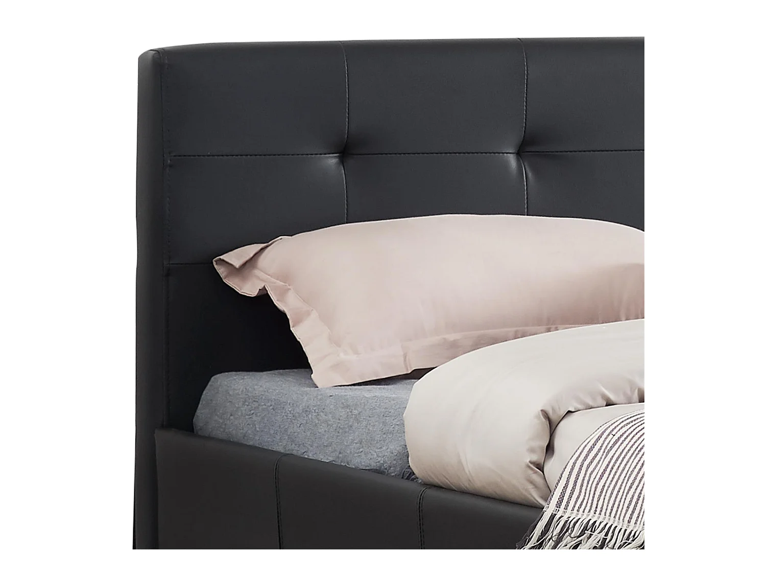 Lit double pour adulte MATHIEU avec sommier 140x190 cm 2 places / 2 personnes, tête et pied de lit capitonnés en synthétique noir