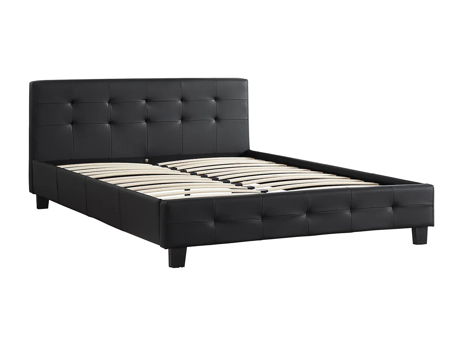 Lit double pour adulte MATHIEU avec sommier 140x190 cm 2 places / 2 personnes, tête et pied de lit capitonnés en synthétique noir