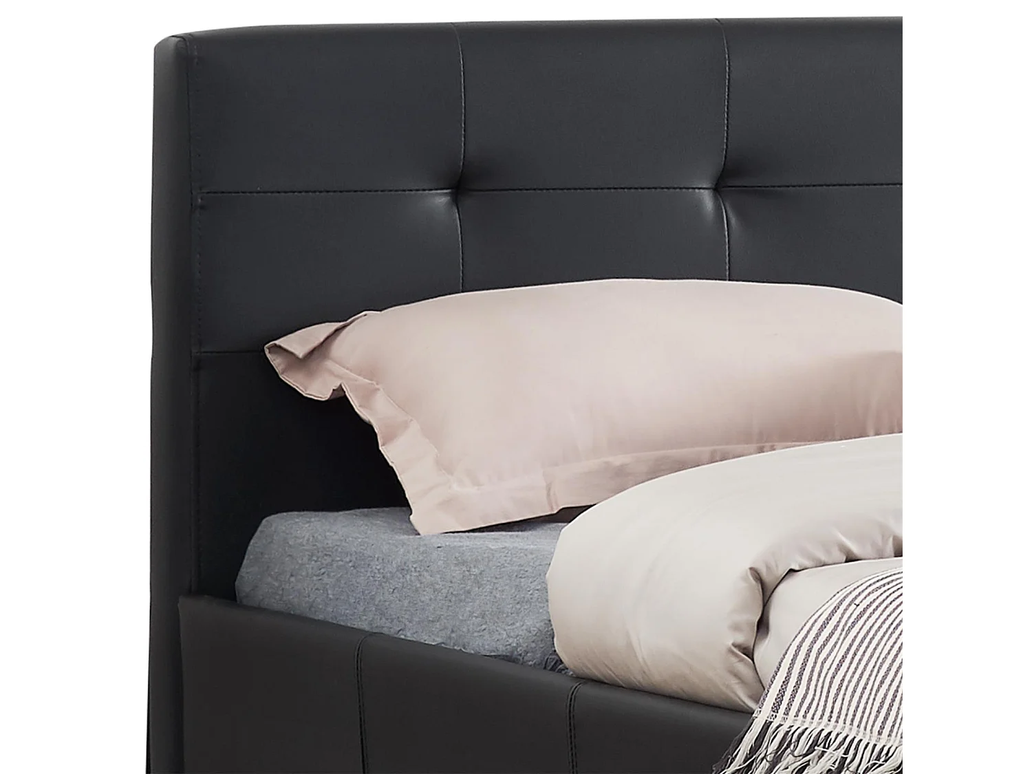 Lit double pour adulte MATHIEU avec sommier 140x190 cm 2 places / 2 personnes, tête et pied de lit capitonnés en synthétique noir