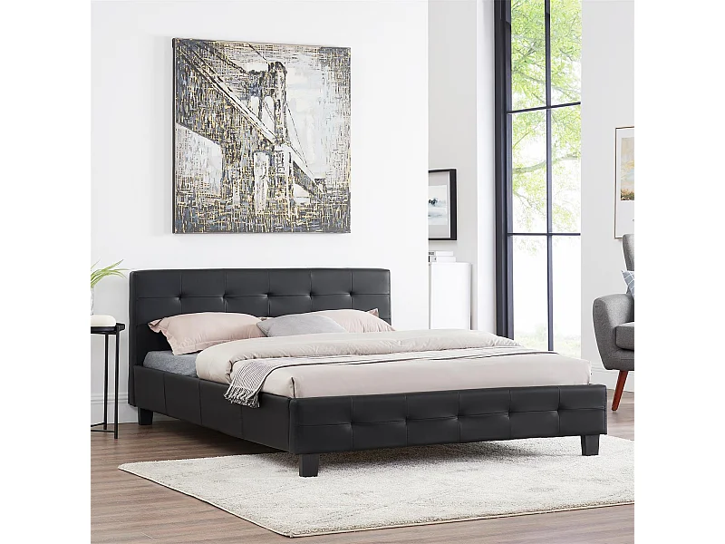 Lit double pour adulte MATHIEU avec sommier 140x190 cm 2 places / 2 personnes, tête et pied de lit capitonnés en synthétique noir