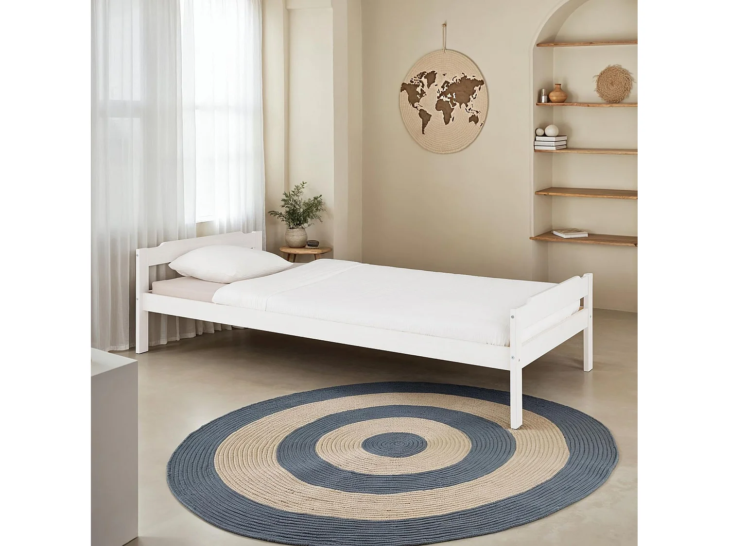 Lit simple 90 x 200 cm pin massif lasuré blanc