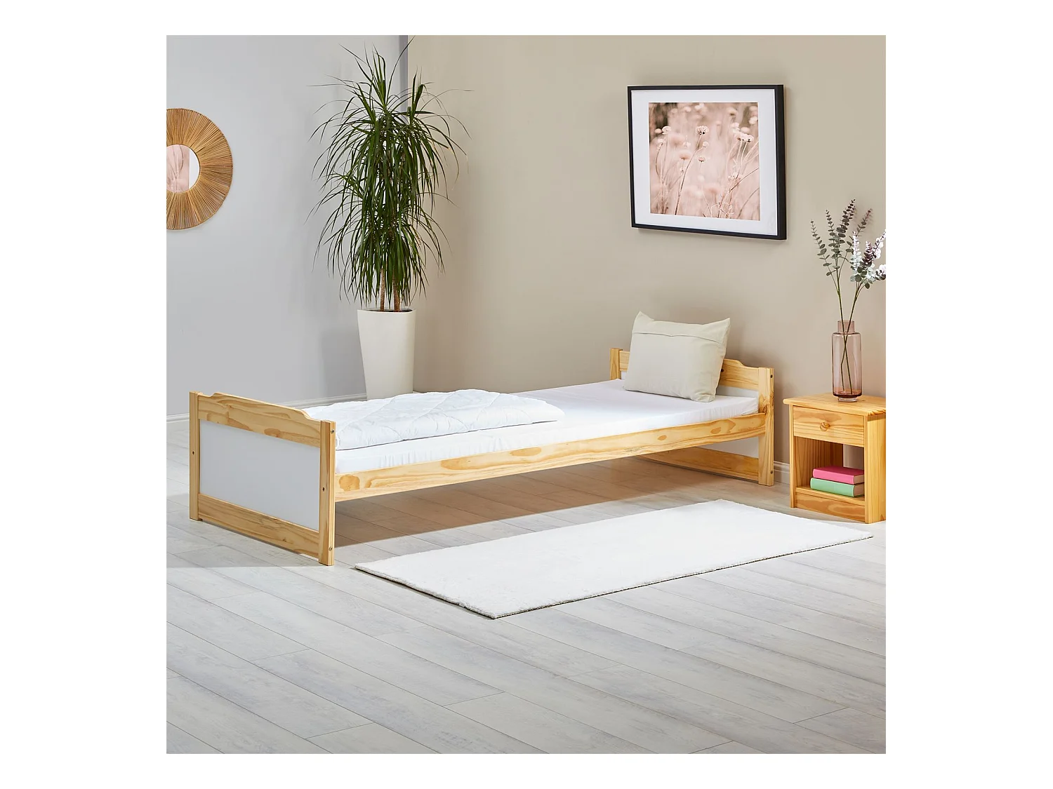 Lit simple lit enfant FRITZ 90 x 200 cm pin massif coloris bois naturel et blanc