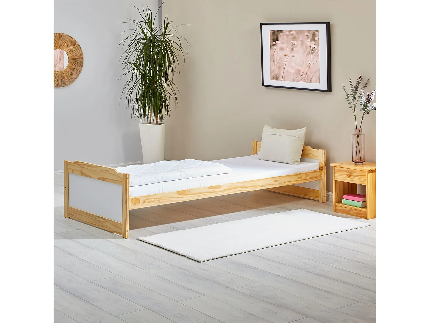 Lit simple lit enfant FRITZ 90 x 200 cm pin massif coloris bois naturel et blanc