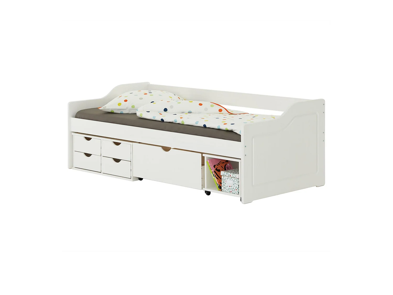 Lit fonctionnel SENTA avec rangements 4 tiroirs 1 caisson et 1 niche sur roulettes, couchage 90 x 200 cm, en pin massif lasuré blanc