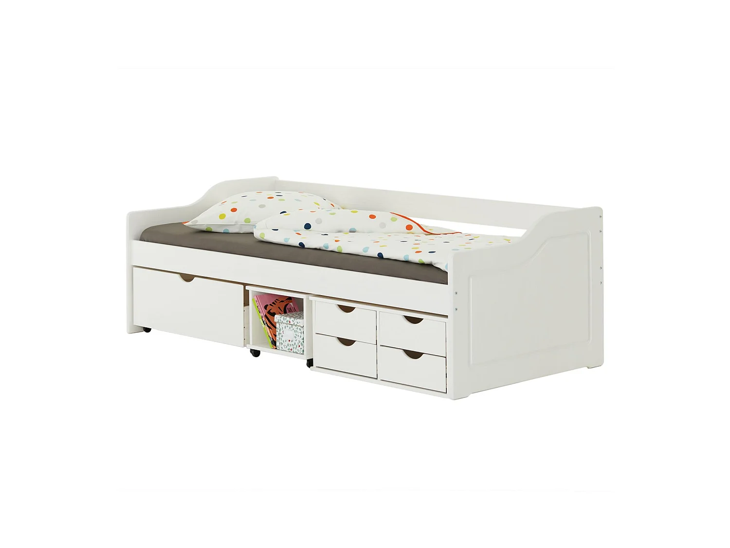 Lit fonctionnel SENTA avec rangements 4 tiroirs 1 caisson et 1 niche sur roulettes, couchage 90 x 200 cm, en pin massif lasuré blanc