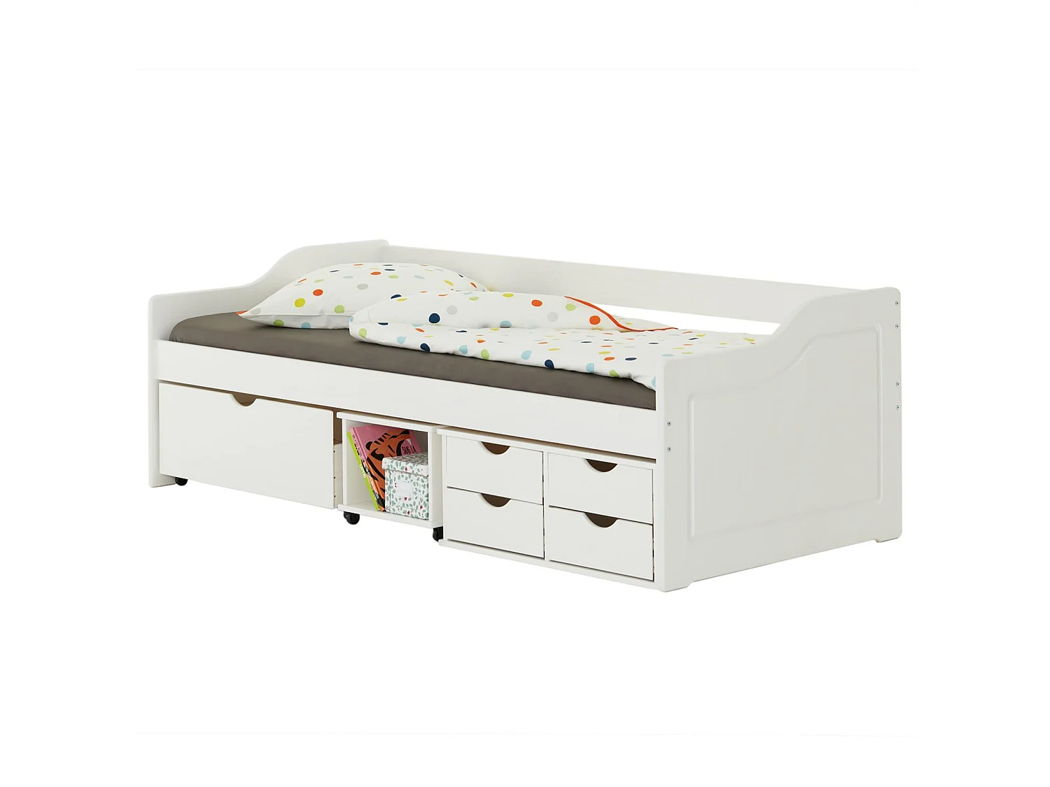 Lit fonctionnel SENTA avec rangements 4 tiroirs 1 caisson et 1 niche sur roulettes, couchage 90 x 200 cm, en pin massif lasuré blanc