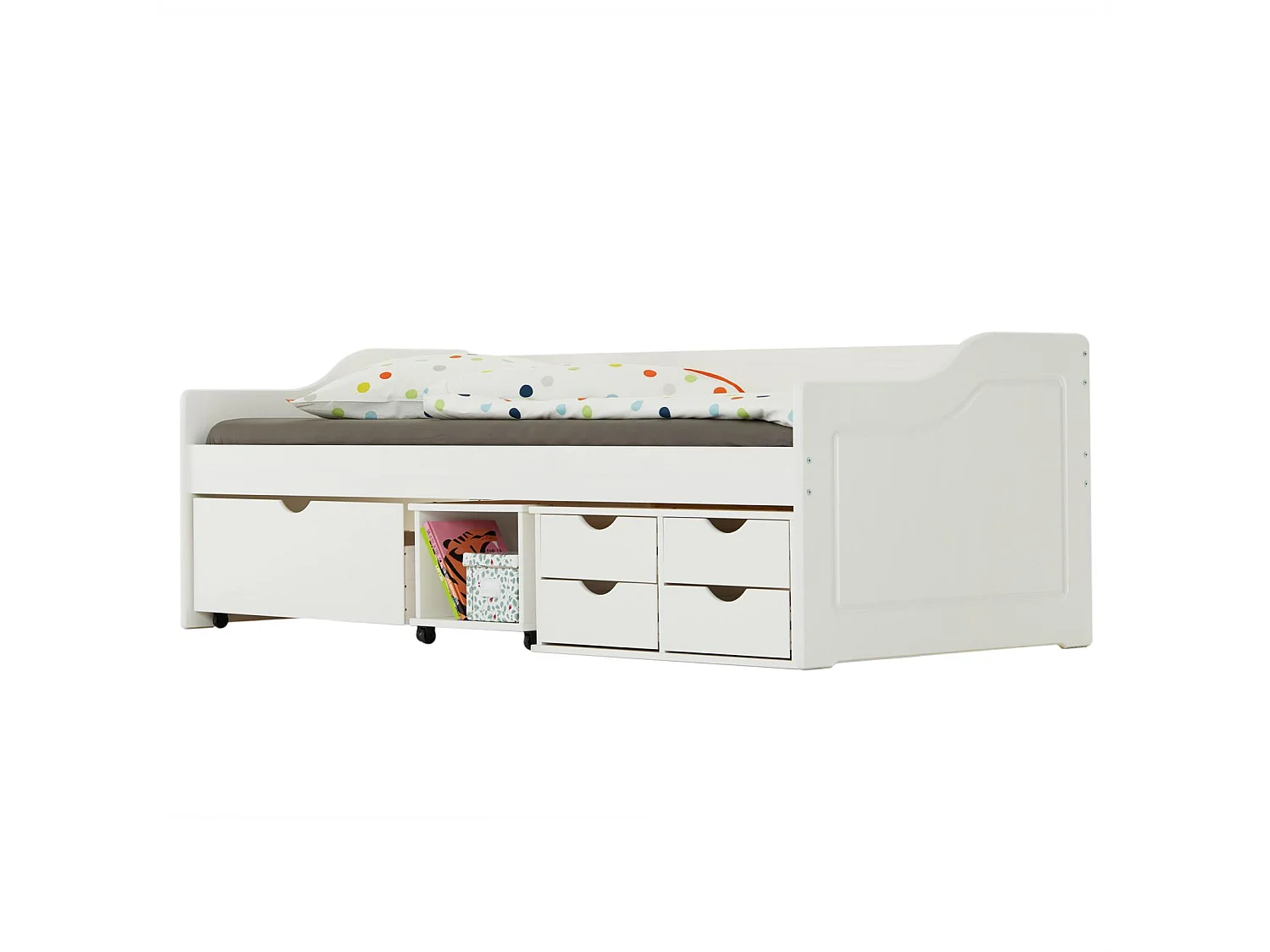 Lit fonctionnel SENTA avec rangements 4 tiroirs 1 caisson et 1 niche sur roulettes, couchage 90 x 200 cm, en pin massif lasuré blanc