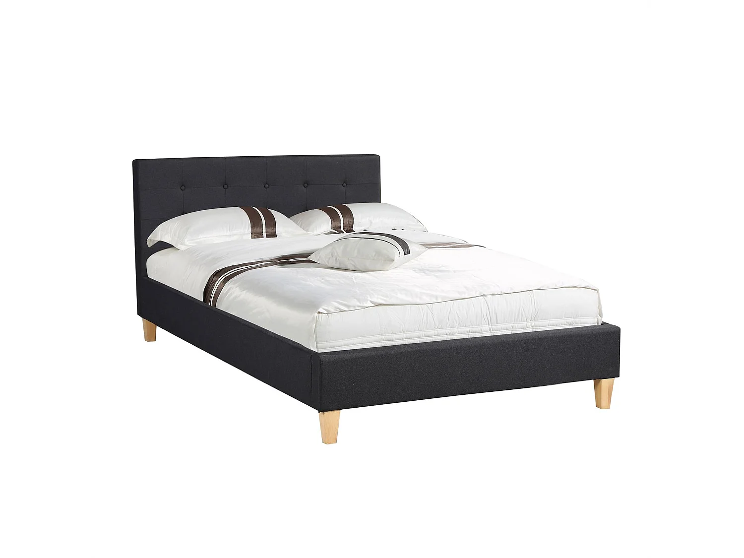 Lit simple pour adulte LILLE 120x190 cm 1 place et demi / 1 personne, avec sommier et pieds en bois, tissu capitonné noir