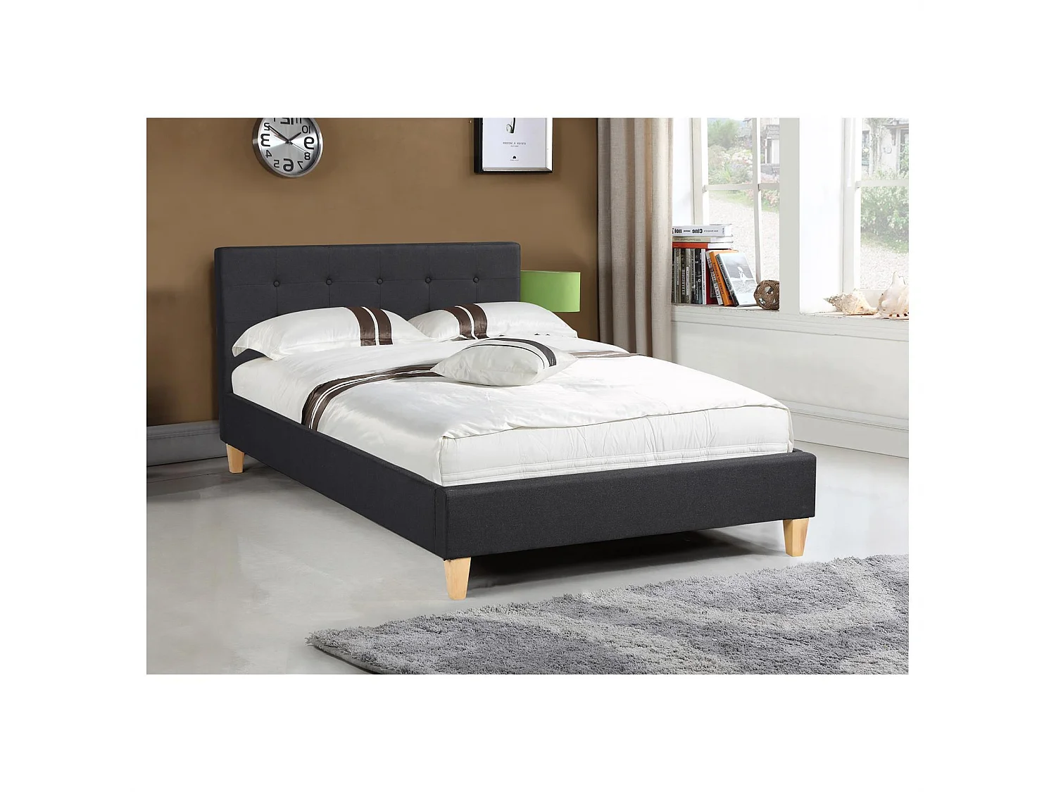 Lit simple pour adulte LILLE 120x190 cm 1 place et demi / 1 personne, avec sommier et pieds en bois, tissu capitonné noir